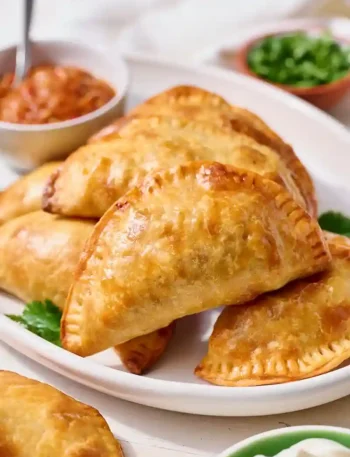 Empanadas rezept: Knusprig gebackene Empanadas mit Rindfleischfüllung – argentinische Teigtaschen auf einem weißen Teller, serviert mit Salsa und Koriander