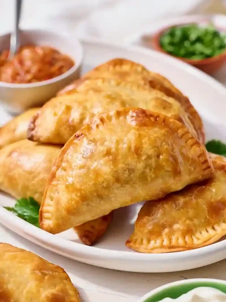 Empanadas rezept: Knusprig gebackene Empanadas mit Rindfleischfüllung – argentinische Teigtaschen auf einem weißen Teller, serviert mit Salsa und Koriander