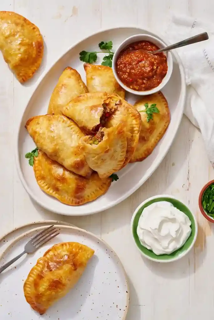 Teller mit goldbraun gebackenen Empanadas, serviert mit Tomatensalsa und Sauerrahm – perfekte argentinische Teigtaschen zum Selbermachen