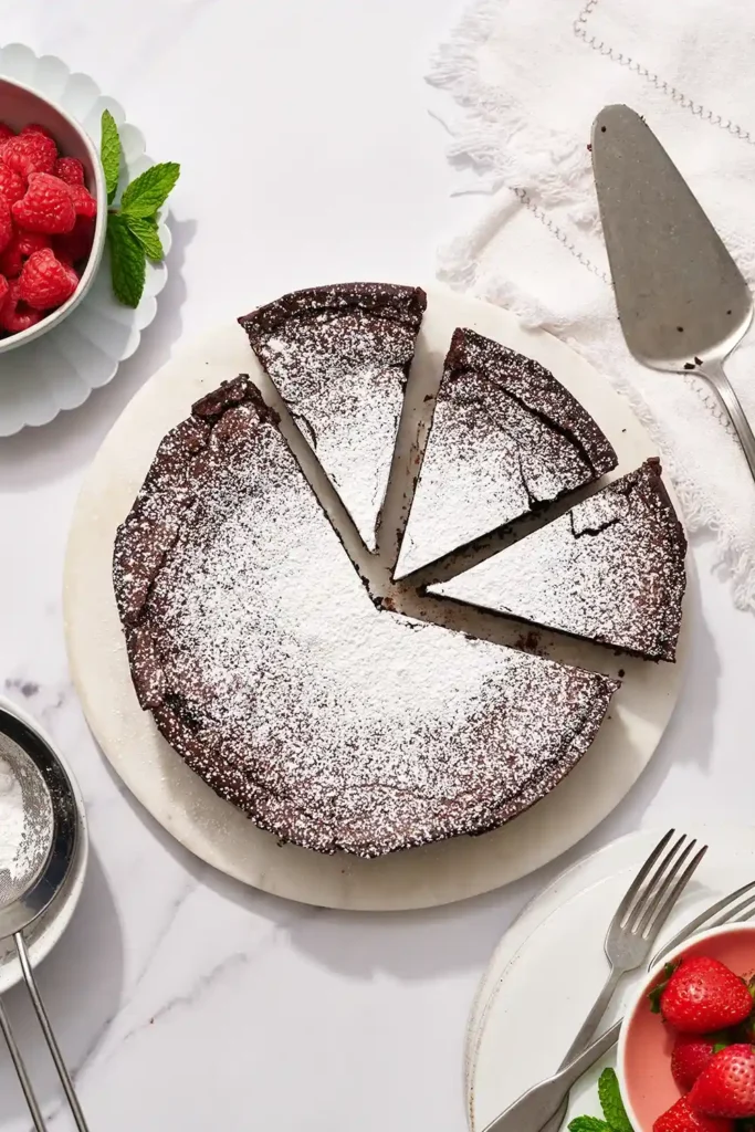 Glutenfreier Schokoladenkuchen ohne Mehl, angeschnitten und servierbereit auf einem Teller