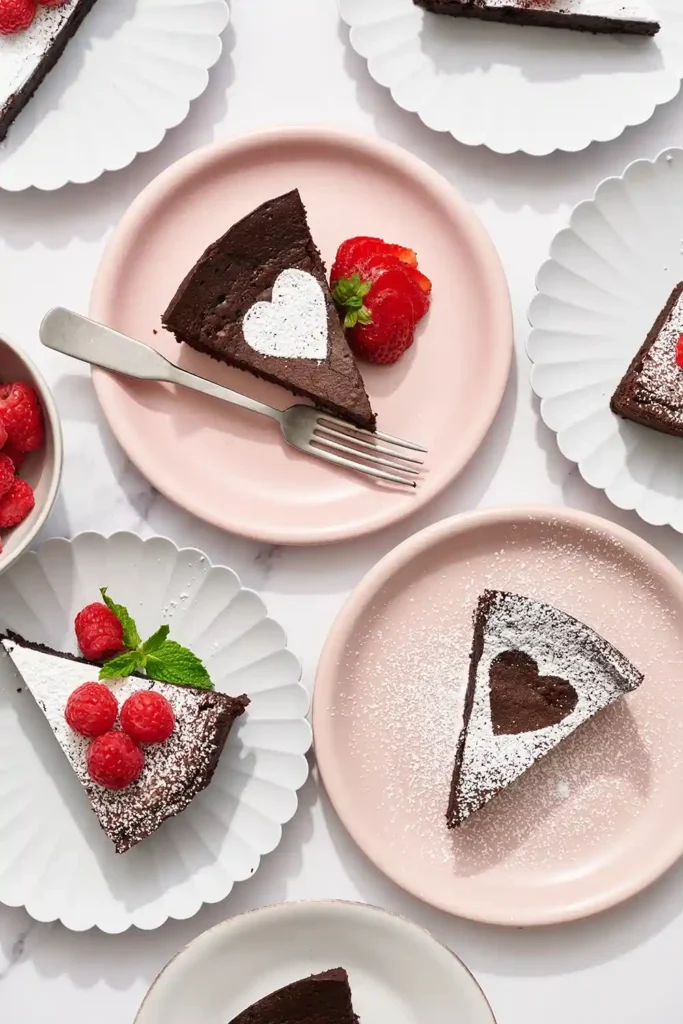 Glutenfreier Schokoladenkuchen mit Herzdeko und frischen Beeren