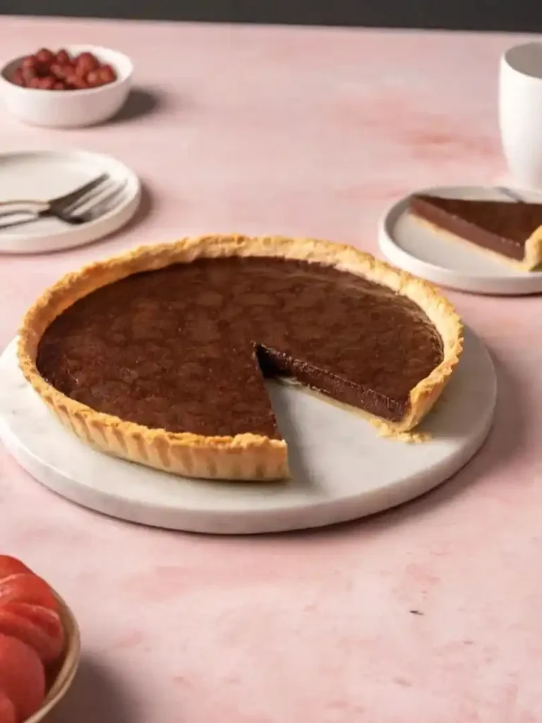 Französische Tarte au Chocolat mit knusprigem Boden und cremiger Füllung – klassische Schokotarte auf Servierplatte