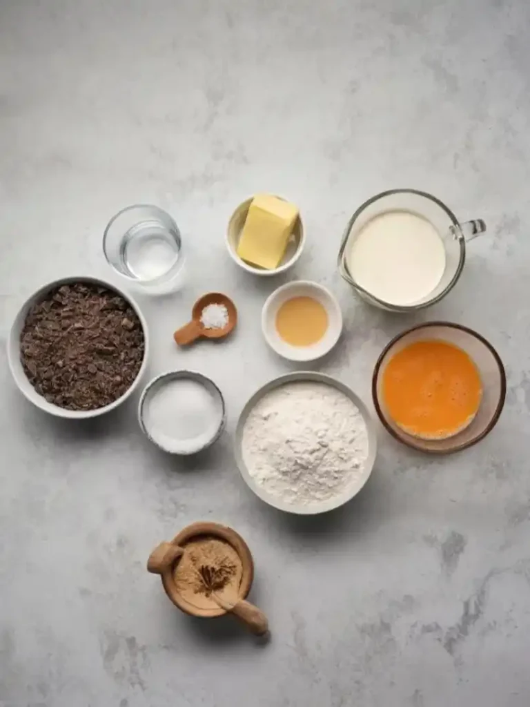 Zutaten für Tarte au Chocolat – Butter, Sahne, Schokolade, Mehl und Eier für französisches Schokotarte Rezept