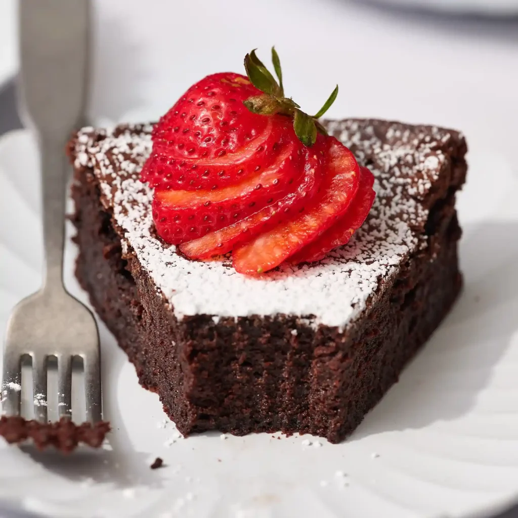 Stück glutenfreier Schokoladenkuchen ohne Mehl mit Erdbeere – saftig und fudgy