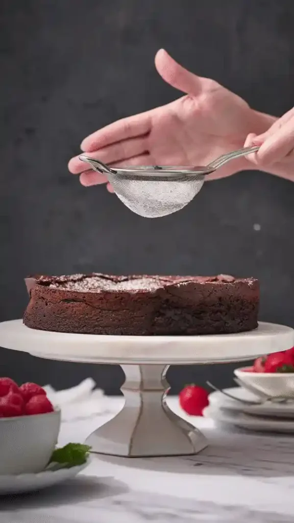 Glutenfreier Schokoladenkuchen wird mit Puderzucker bestäubt