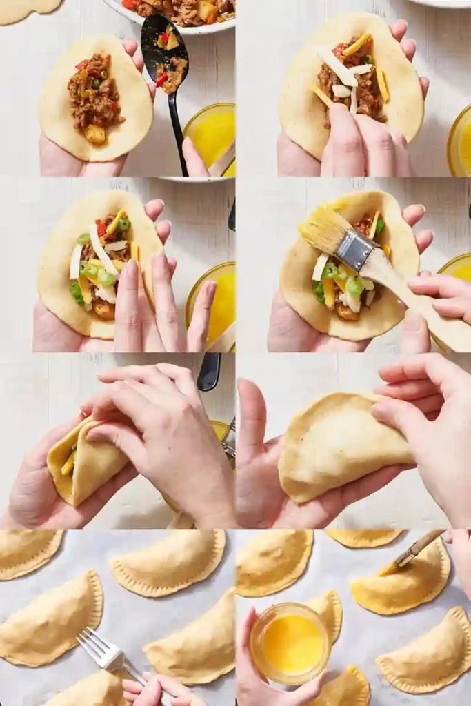 Schritt-für-Schritt-Anleitung zum Empanadas Füllen und Formen – von der Fleischfüllung bis zum Versiegeln mit Gabel und Ei