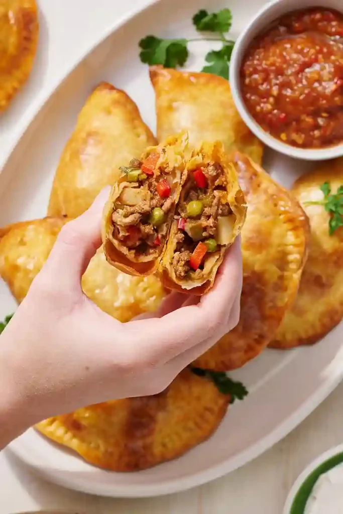 Hand hält geöffnete Empanada mit Rindfleisch, Paprika, Erbsen und Kartoffeln – argentinische Teigtasche mit würziger Füllung