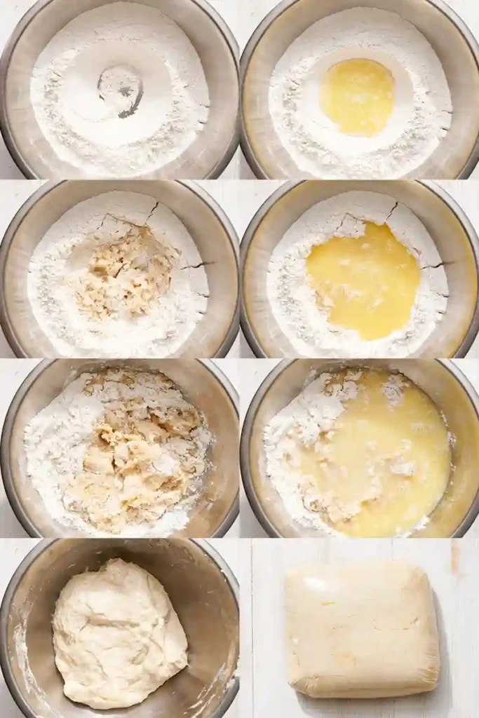 Empanadas rezept: Schritt-für-Schritt Zubereitung von Empanadas Teig – Mehl, Butter, Wasser und Salz werden in einer Schüssel zu einem glatten Teig verarbeitet