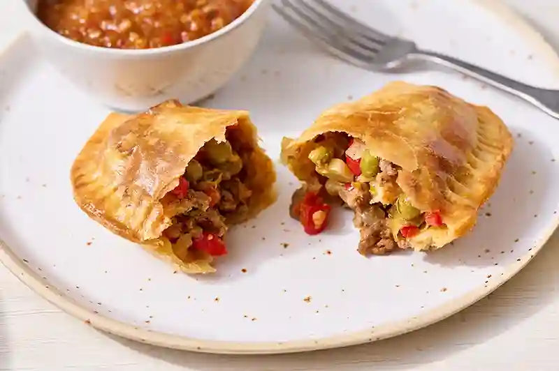 Halbierte Empanada mit Rindfleisch, Erbsen und Paprika auf einem Teller mit Tomatensalsa im Hintergrund