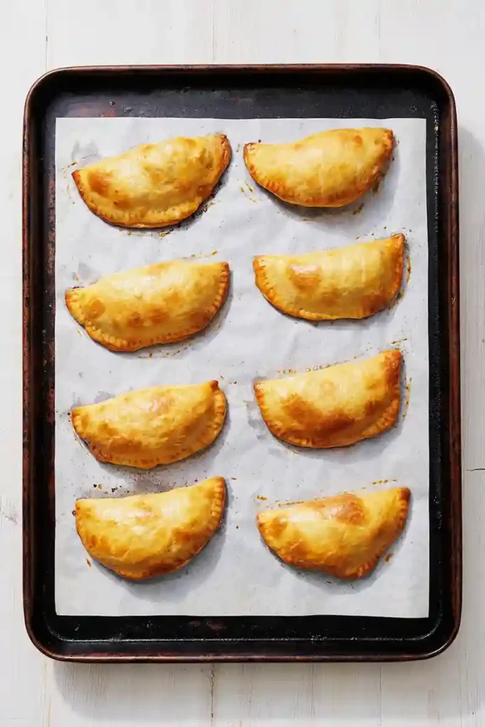 Goldbraun gebackene Empanadas auf einem Blech mit Backpapier – argentinische Teigtaschen frisch aus dem Ofen