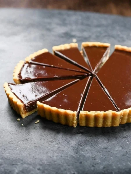 Tarte au Chocolat mit glänzendem Schokoladenguss auf knusprigem Mürbeteigboden – französische Schokoladentarte Rezept