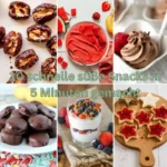 Collage mit 6 Rezeptideen für süße Snacks in 5 Minuten, darunter Dattel-Pralinen, Wassermelonen-Sorbet, Schoko-Mousse, Bananen-Häppchen, Joghurt mit Beeren und Toastbrot-Sternchen mit Marmelade – alle schnell gemacht und ohne viel Zutaten.