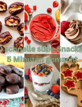 Collage mit 6 Rezeptideen für süße Snacks in 5 Minuten, darunter Dattel-Pralinen, Wassermelonen-Sorbet, Schoko-Mousse, Bananen-Häppchen, Joghurt mit Beeren und Toastbrot-Sternchen mit Marmelade – alle schnell gemacht und ohne viel Zutaten.