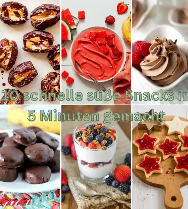 Collage mit 6 Rezeptideen für süße Snacks in 5 Minuten, darunter Dattel-Pralinen, Wassermelonen-Sorbet, Schoko-Mousse, Bananen-Häppchen, Joghurt mit Beeren und Toastbrot-Sternchen mit Marmelade – alle schnell gemacht und ohne viel Zutaten.