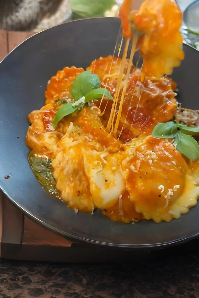 Cheesy Ravioli mit Tomatensauce, Mozzarella zieht cremige Käsefäden, verfeinert mit Basilikum – die perfekte schnelle Sauce zu Ravioli.