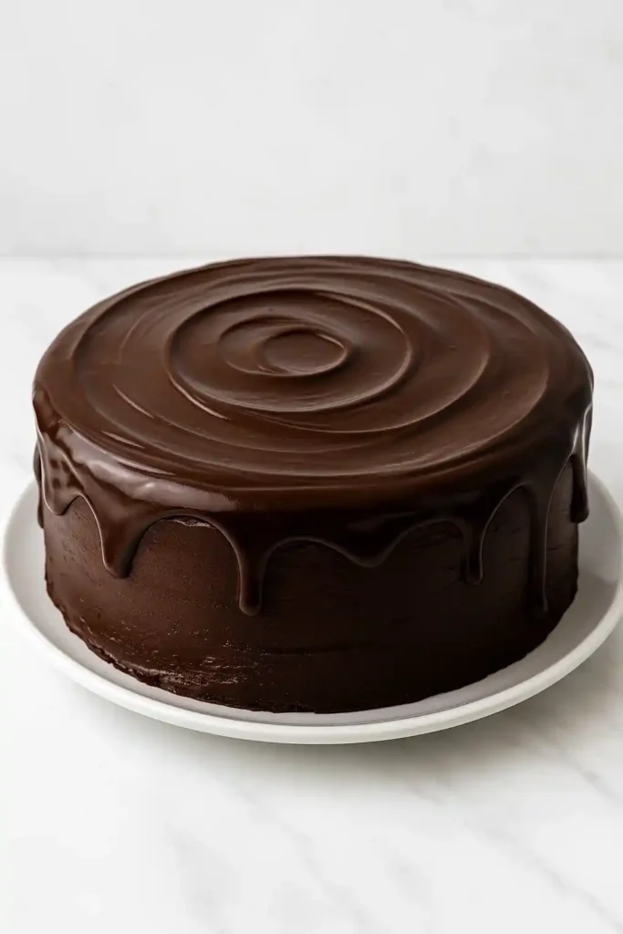 Schokokuchen mit glänzender Schokoladenglasur auf weißem Teller – ein Klassiker zum Schokokuchen dekorieren und perfekte Basis für kreative Schokokuchen Deko.