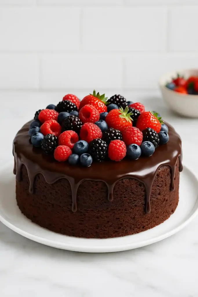 Schokokuchen mit glänzender Glasur und frischen Beeren – eine fruchtige und elegante Idee zum Schokokuchen dekorieren für jeden Anlass.