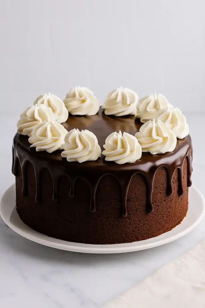 Schokokuchen mit glänzender Glasur und Sahnetupfen – eine klassische Idee zum Schokokuchen dekorieren und beliebte Schokokuchen Deko für Feste.