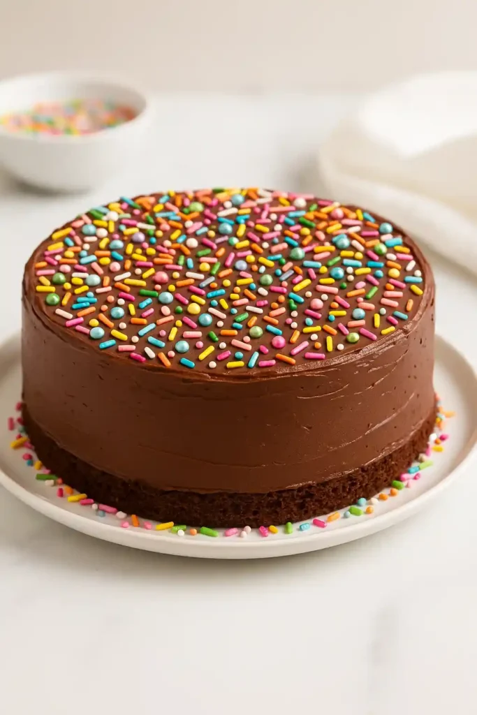 Schokokuchen mit bunten Streuseln – eine fröhliche und einfache Idee, um Schokokuchen zu dekorieren und bunte Schokokuchen Deko zu gestalten.