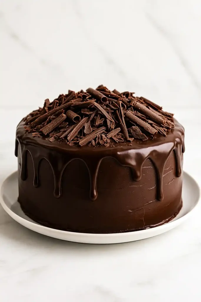 Schokokuchen mit Schokospänen – elegante Idee zum Schokokuchen dekorieren mit Schokoladenraspeln für eine edle Schokokuchen Deko.
