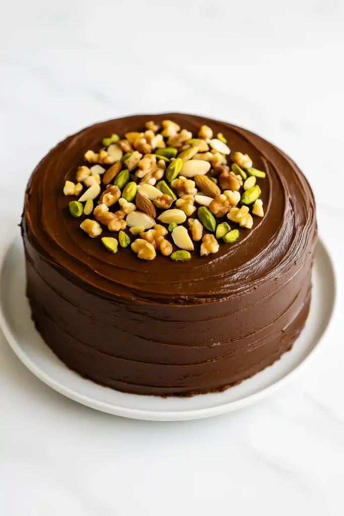 Schokokuchen mit Nüssen, Mandeln und Pistazien – eine knackige Idee, um Schokokuchen zu dekorieren und für eine edle Schokokuchen Deko zu sorgen.