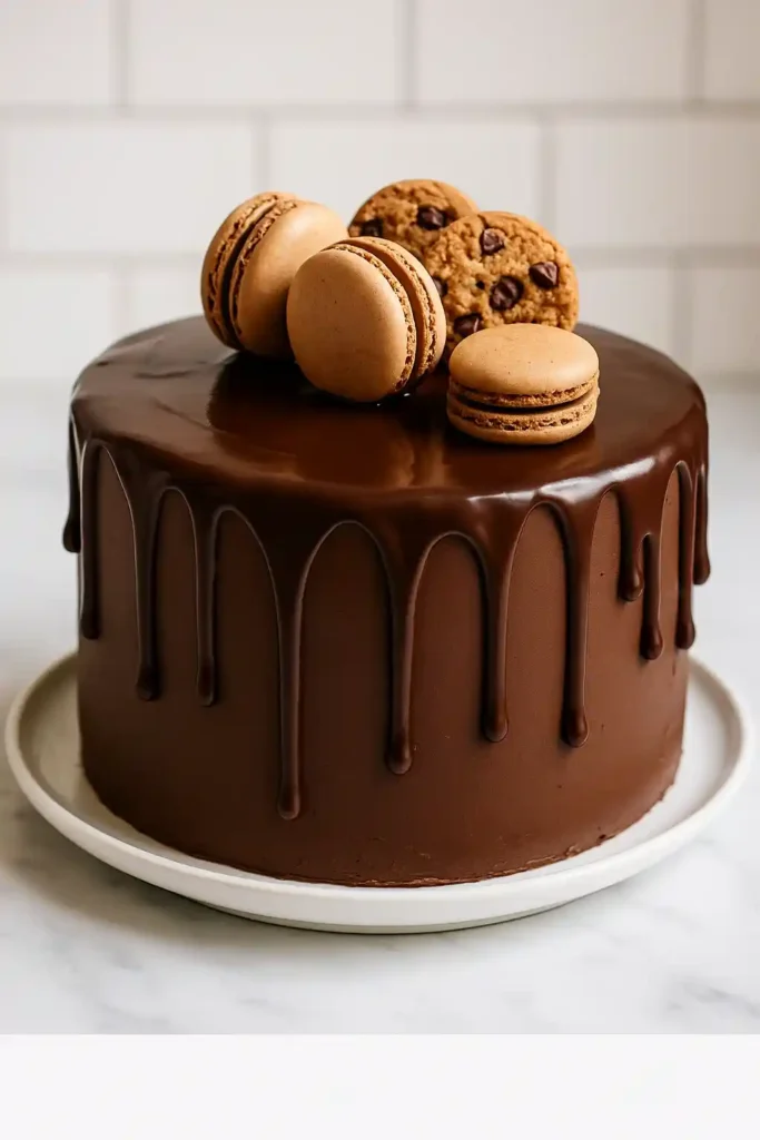 Schokokuchen mit glänzender Glasur, dekoriert mit Macarons und Cookies – eine kreative Schokokuchen Deko für besondere Anlässe.