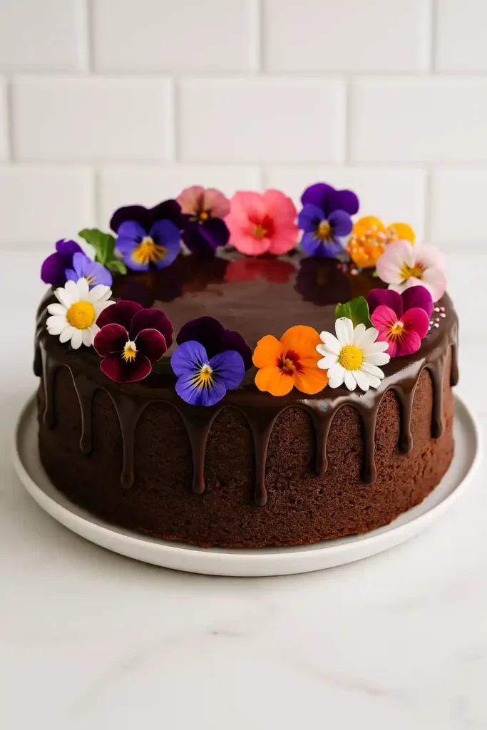 Schokokuchen mit essbaren Blumen – eine elegante und farbenfrohe Idee, um Schokokuchen zu dekorieren.