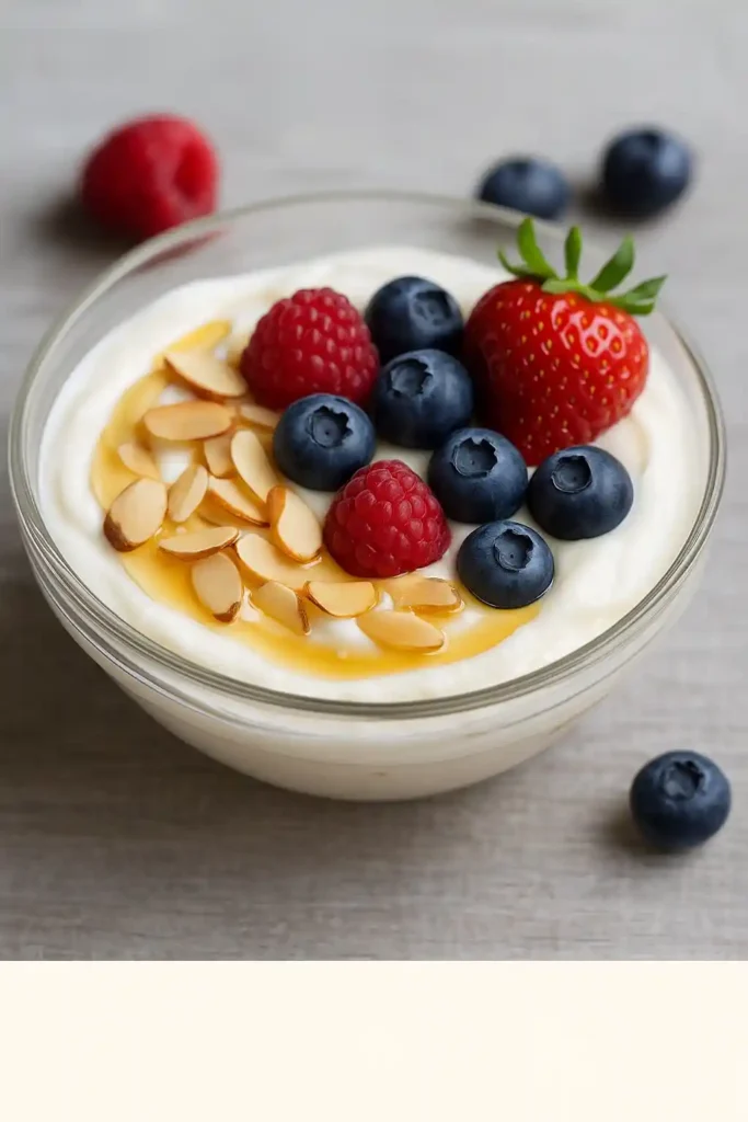 Honig-Quark mit frischen Beeren und Mandelblättchen – schneller süßer Snack in 5 Minuten ohne Backen.