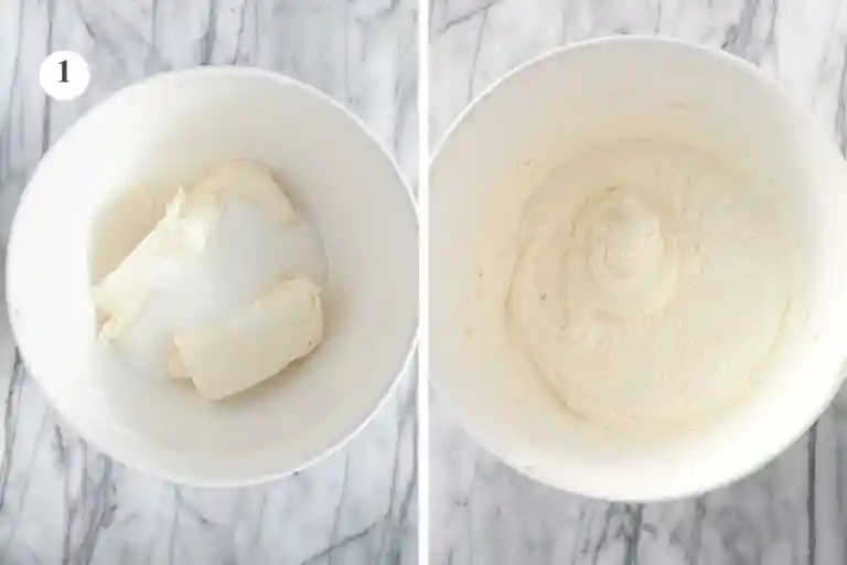 Frischkäse und Zucker für kleinen Käsekuchen ohne Boden verrühren