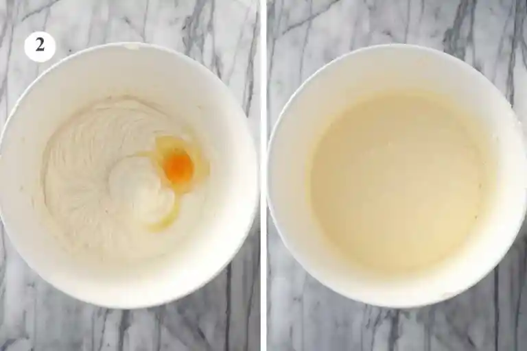 Eier in Frischkäsemasse einrühren für kleinen Käsekuchen ohne Boden