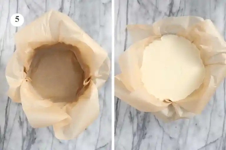 Springform 18 oder 20 cm mit Backpapier ausgelegt für kleinen Käsekuchen ohne Boden