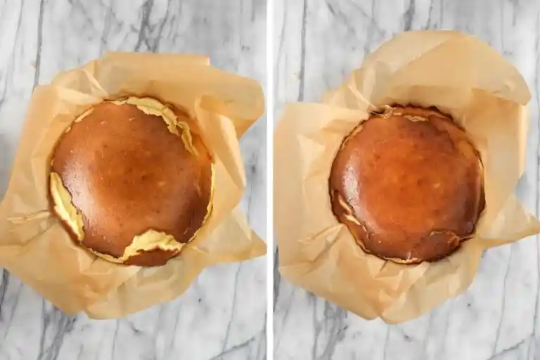 Kleiner Käsekuchen ohne Boden nach dem Backen in 18 oder 20 cm Springform mit goldbrauner Oberfläche