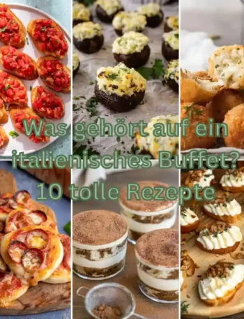 Verschiedene italienische Häppchen wie Bruschetta, Arancini und Tiramisu als Inspiration für was gehört auf ein italienisches Buffet.
