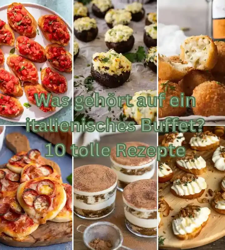 Verschiedene italienische Häppchen wie Bruschetta, Arancini und Tiramisu als Inspiration für was gehört auf ein italienisches Buffet.