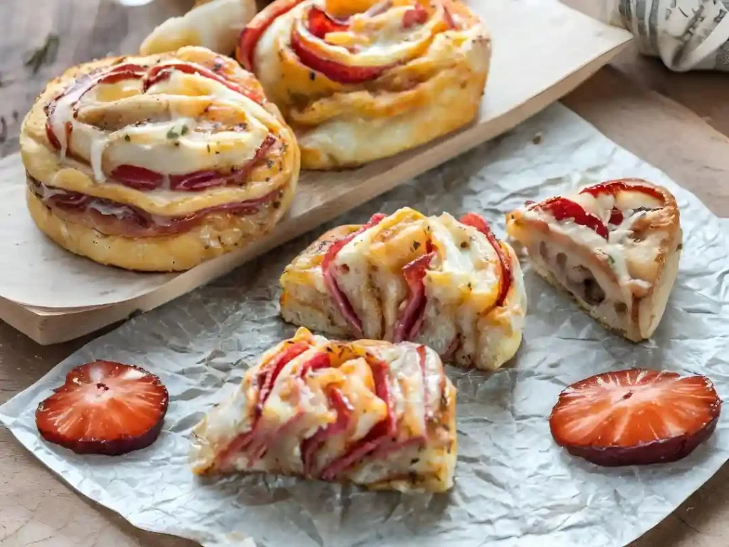 Low Carb Pizzaschnecken auf Backpapier mit Käse, Salami und Erdbeeren – gesunde Pizza-Snack-Idee