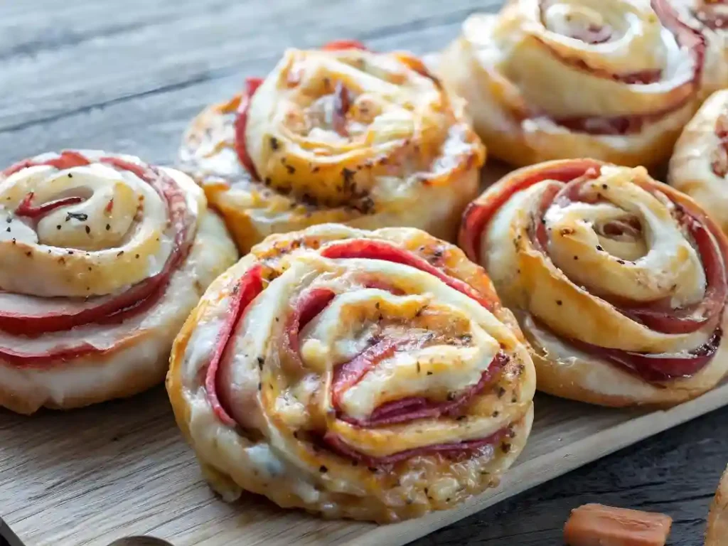 Low Carb Pizzaschnecken mit Käse und Salami auf Holzbrett – gesunde Pizza Schnecken selbst gemacht