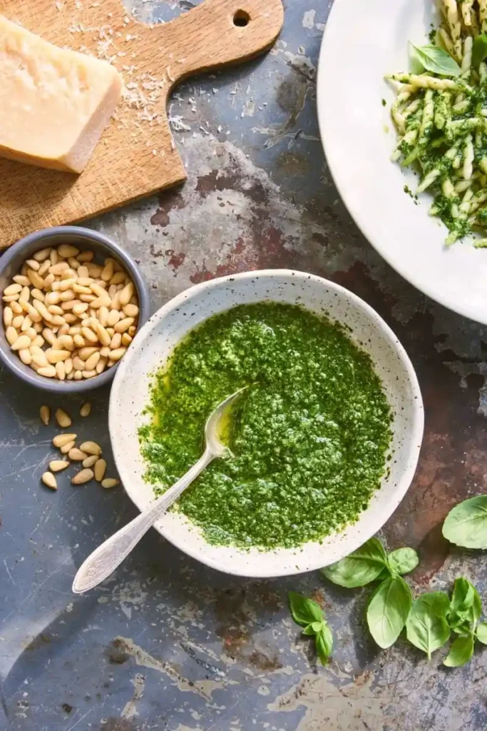 Frisches Pesto Genovese mit Basilikum, Pinienkernen und Parmesan – eine der bekanntesten leckeren Soßen für Pasta und beliebtes Nudelsoßen Rezept aus Italien.