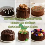 Collage mit Schokokuchen – verschiedene Möglichkeiten zum Schokokuchen dekorieren, von Streuseln bis Blumen, inspiriert durch 10 einfach Schokokuchen Deko Ideen.