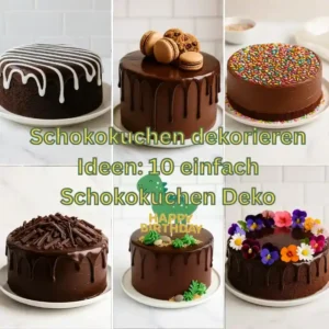 Collage mit Schokokuchen – verschiedene Möglichkeiten zum Schokokuchen dekorieren, von Streuseln bis Blumen, inspiriert durch 10 einfach Schokokuchen Deko Ideen.