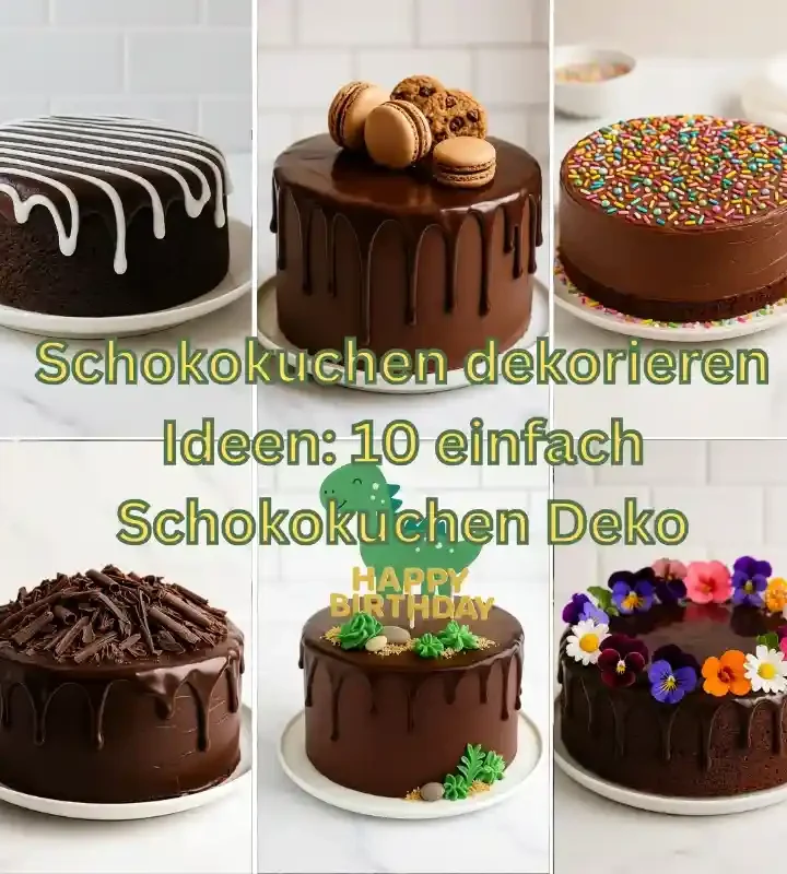 Collage mit Schokokuchen – verschiedene Möglichkeiten zum Schokokuchen dekorieren, von Streuseln bis Blumen, inspiriert durch 10 einfach Schokokuchen Deko Ideen.