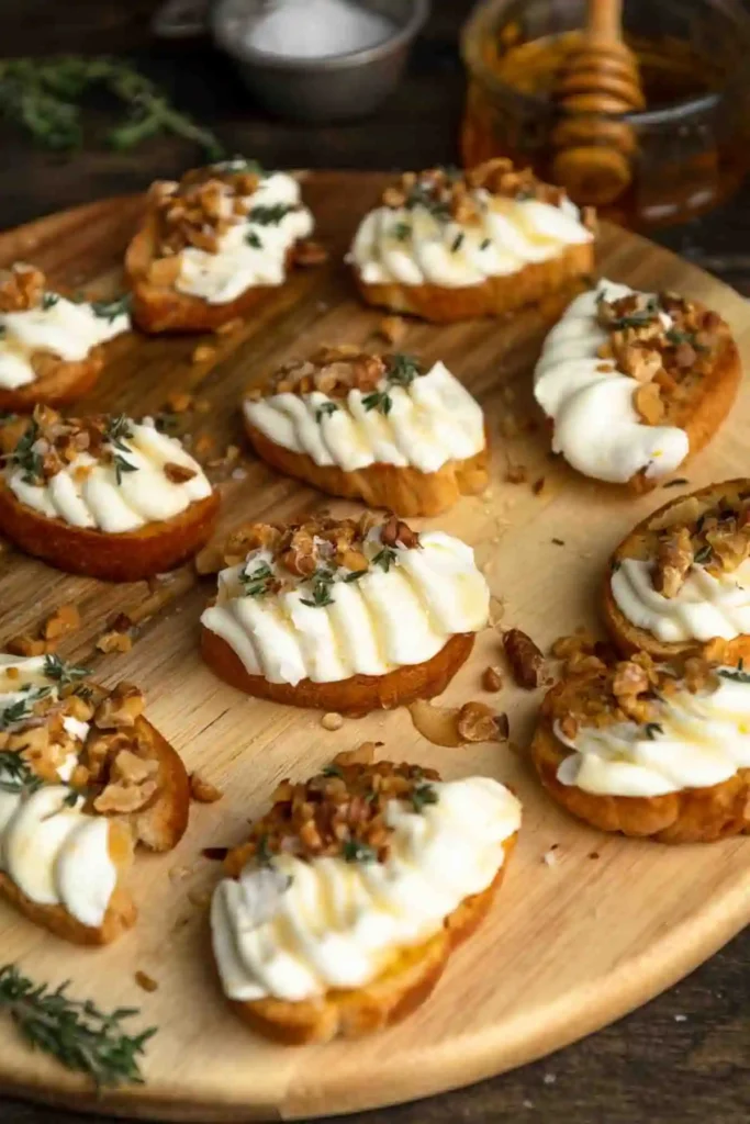 Whipped Ricotta Crostini mit Honig und Nüssen – elegante Vorspeise für alle, die sich fragen, was gehört auf ein italienisches Buffet.