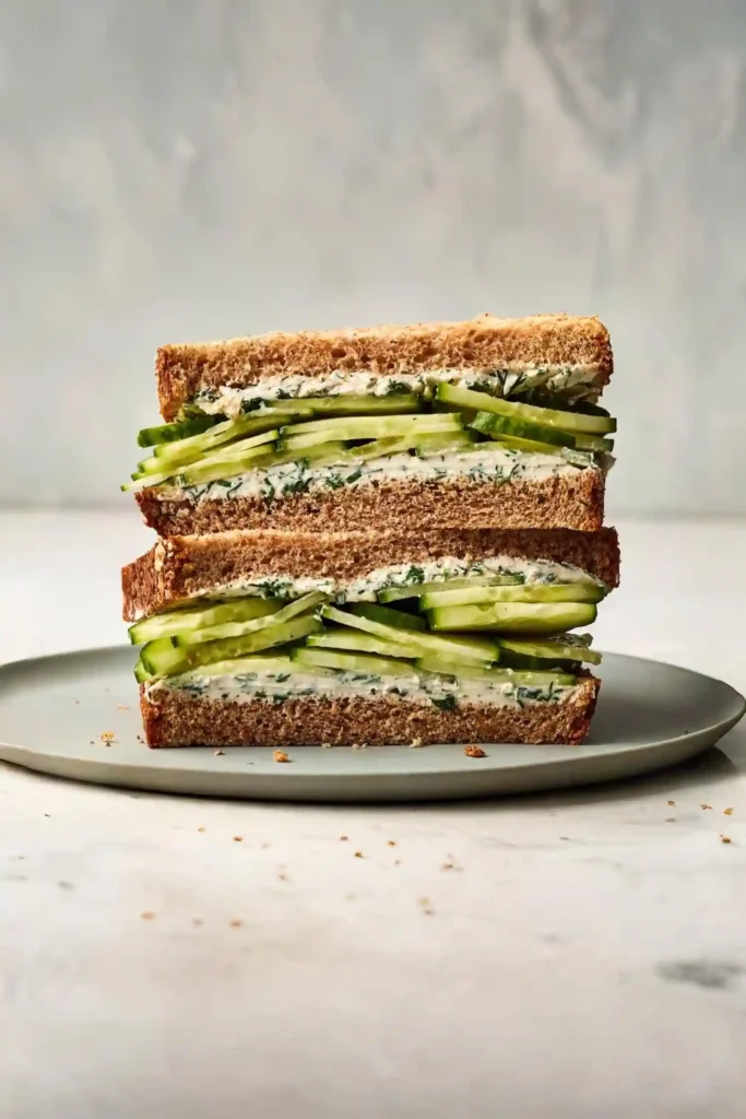 Vollkorn-Gurkensandwich mit Frischkäse und Kräutern – gesundes essen zum mitnehmen arbeit kalt.