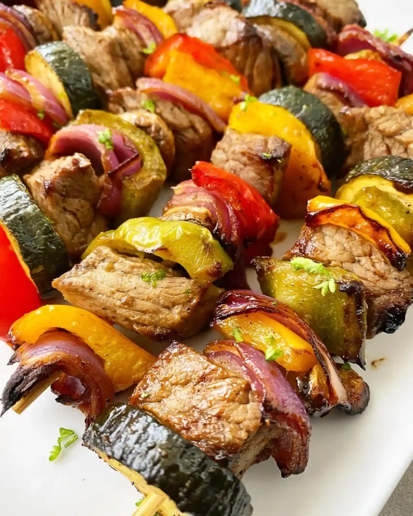 Wie lange brauchen Schaschlik in der Heißluftfritteuse – gegarte Rindfleischspieße mit Paprika, Zwiebeln und Zucchini auf einem weißen Teller