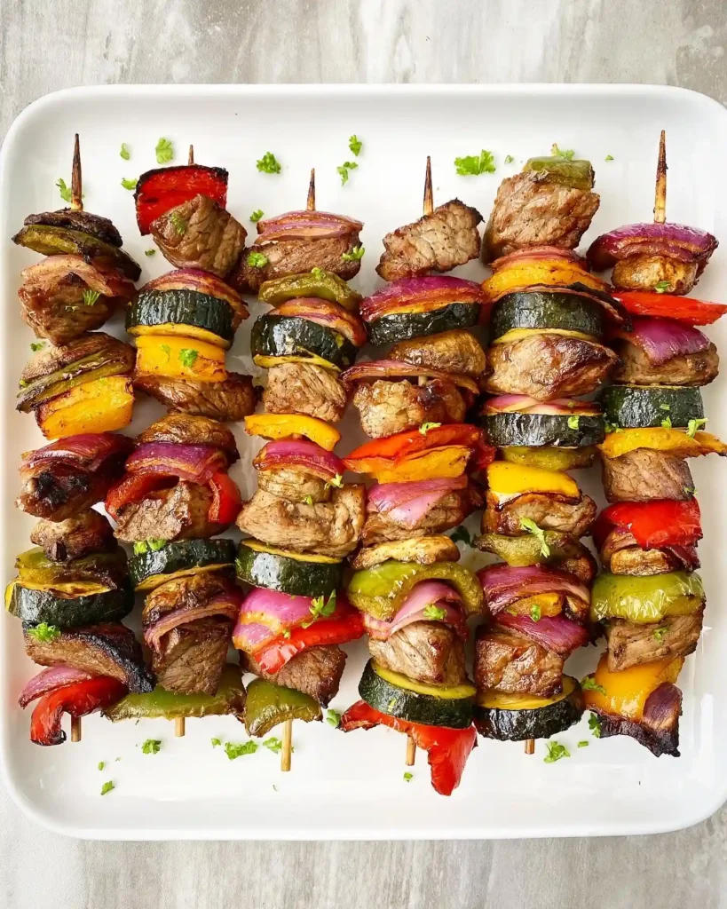 Wie lange brauchen Fleischspieße in der Heißluftfritteuse – bunte Rindfleischspieße mit Paprika, Zwiebeln und Zucchini auf weißem Teller angerichtet