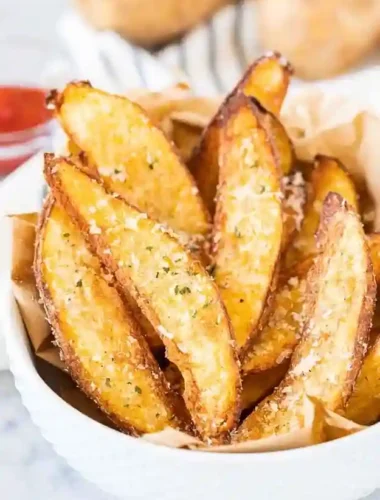 Knusprige Parmesan Kartoffelecken aus der Heißluftfritteuse in einer weißen Schüssel serviert