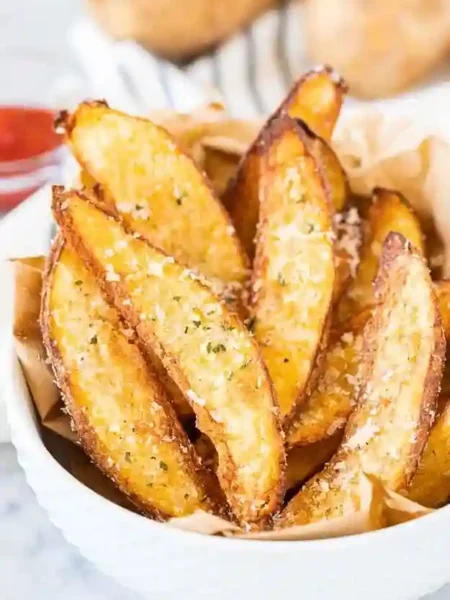 Knusprige Parmesan Kartoffelecken aus der Heißluftfritteuse in einer weißen Schüssel serviert
