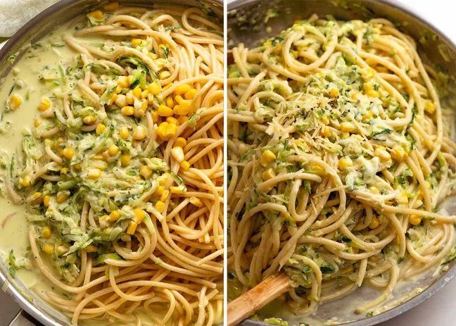 Spaghetti mit Zucchinisauce und Mais – cremige Sahnesauce für Pasta in der Pfanne