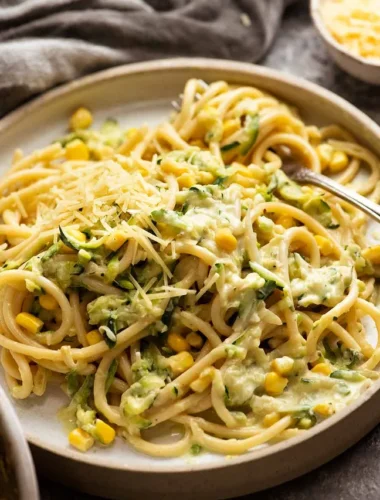Spaghetti mit cremiger Zucchinisauce, Sahne, Mais und Parmesan – perfekte Zucchini Sahnesoße für Pasta.