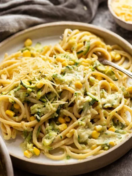Spaghetti mit cremiger Zucchinisauce, Sahne, Mais und Parmesan – perfekte Zucchini Sahnesoße für Pasta.