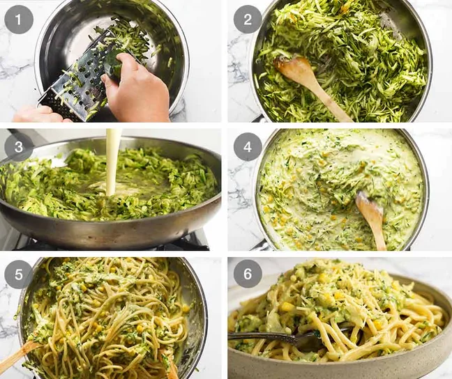 Schritt-für-Schritt Anleitung für cremige Zucchini Sahnesauce mit Spaghetti – einfaches Rezept mit Bildern.